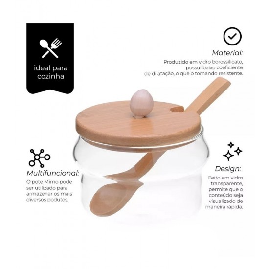 Açucareiro 255ml De Vidro Com Tampa E Colher De Bambu